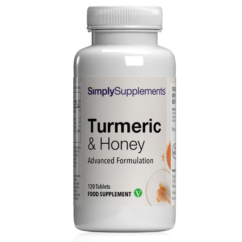SimplySupplements Turmeric and Honey advanced formulation food supplement bottle with 120 tablets and vegetarian friendly label