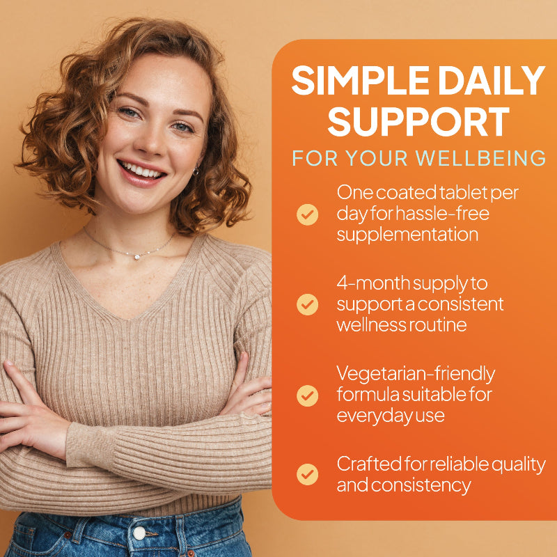 Turmeric and Honey supplement lifestyle benefits image showing claims about one coated tablet daily, 4 months supply, vegetarian-friendly formula, and consistent everyday wellness support