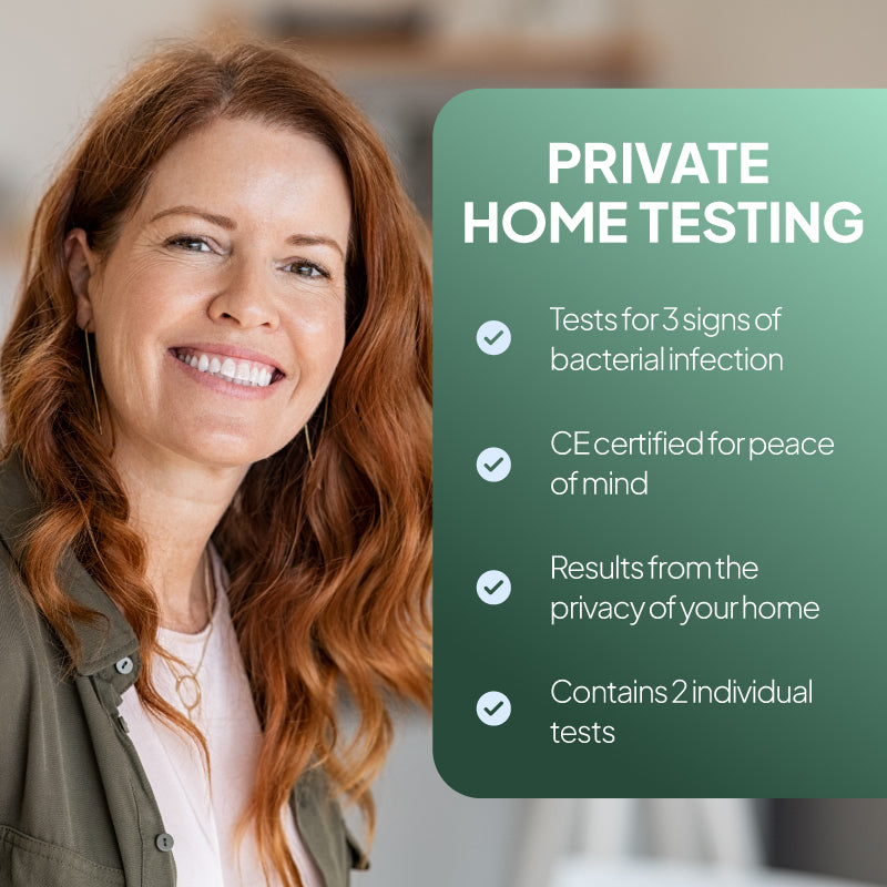 Lifestyle promotional graphic for the SELFCheck Urine Infection Test, showing a smiling red-haired woman indoors beside a green-teal text panel reading “Private Home Testing,” with points highlighting testing for 3 signs of bacterial infection, CE certification for reassurance, results from the privacy of your home, and inclusion of 2 individual tests.