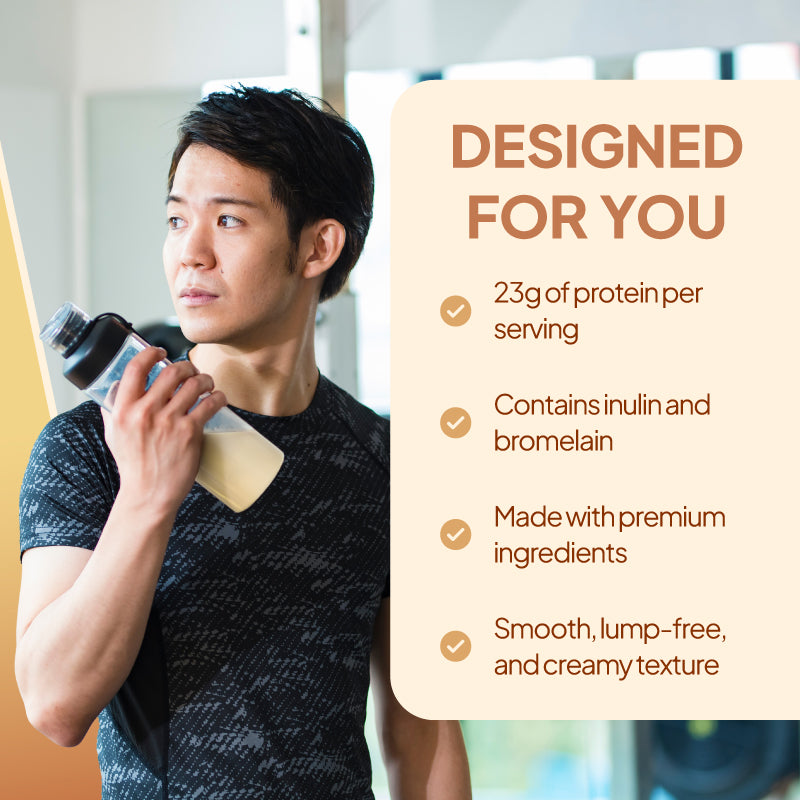 SimplyGo Vanilla Whey Protein lifestyle graphic highlighting 23g protein per serving, added inulin and bromelain, premium ingredients and smooth lump-free creamy texture.