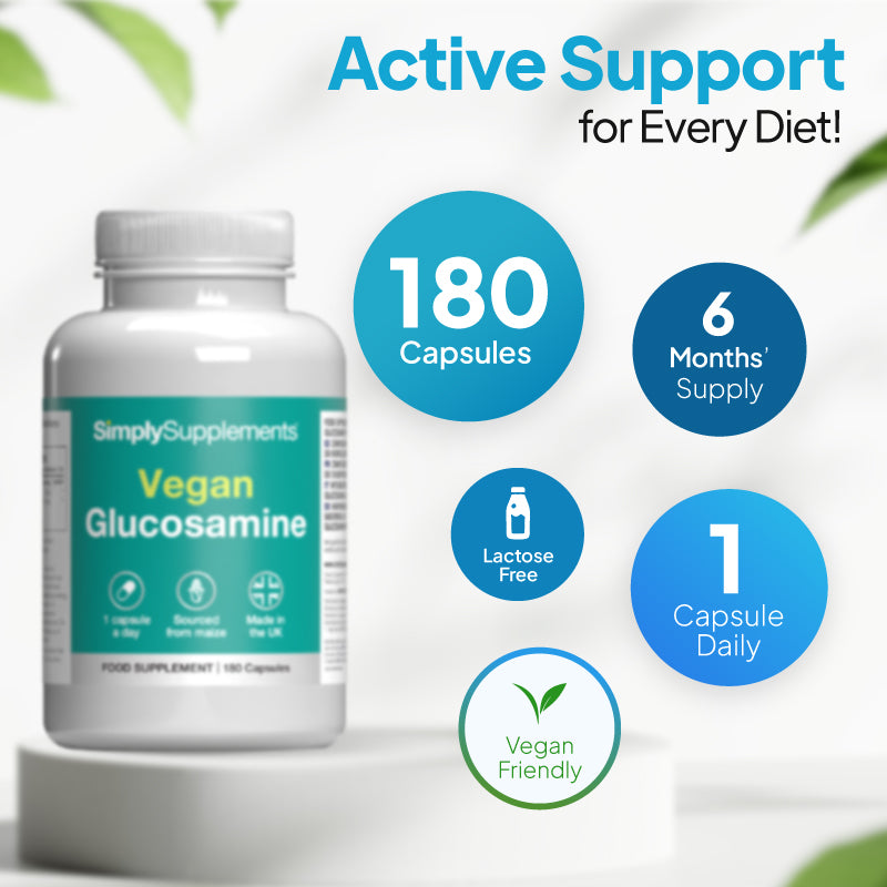 Simply Supplements Vegan Glucosamine supplement graphic showing 180 capsules, 6 months’ supply, 1 capsule daily, lactose free, and vegan friendly formulation.