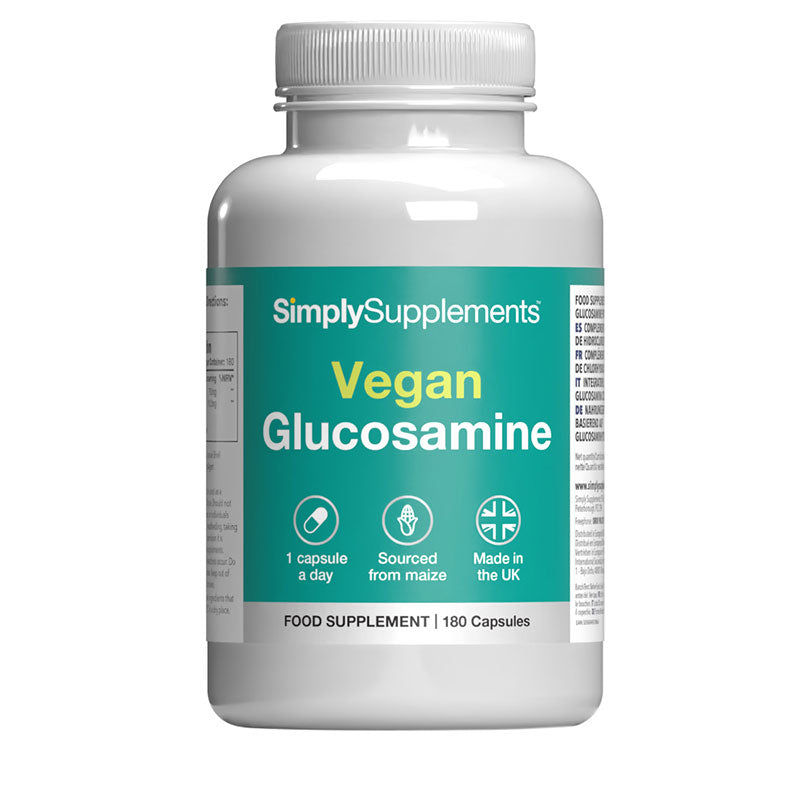 Bottle of SimplySupplements Vegan Glucosamine on a white background