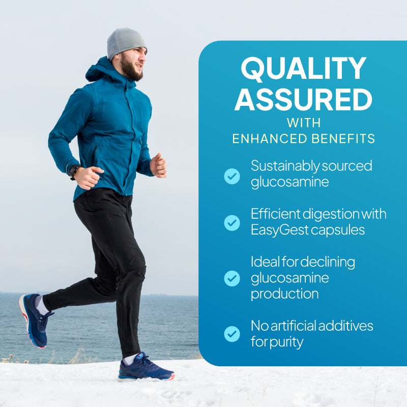 Simply Supplements Vegan Glucosamine lifestyle graphic highlighting sustainably sourced glucosamine, EasyGest capsules for efficient digestion, support for declining glucosamine production, and a formula with no artificial additives for purity.