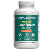 Bottle of SimplySupplements Vegan Glucosamine 1000mg with Vitamin C on a white background