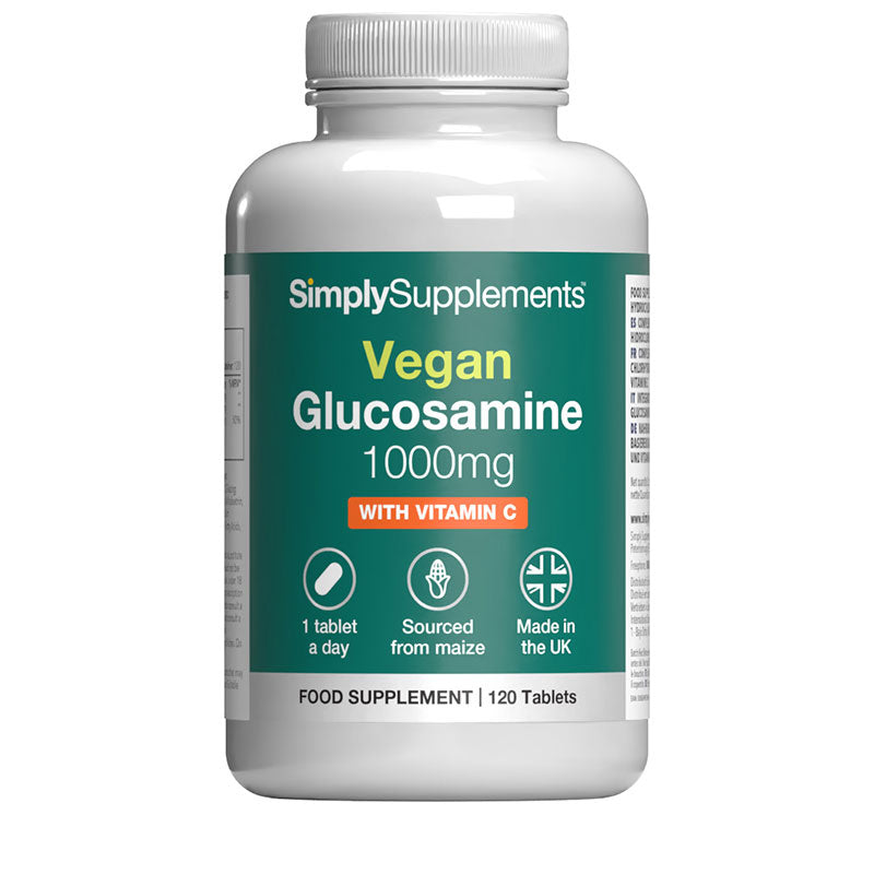 Bottle of SimplySupplements Vegan Glucosamine 1000mg with Vitamin C on a white background