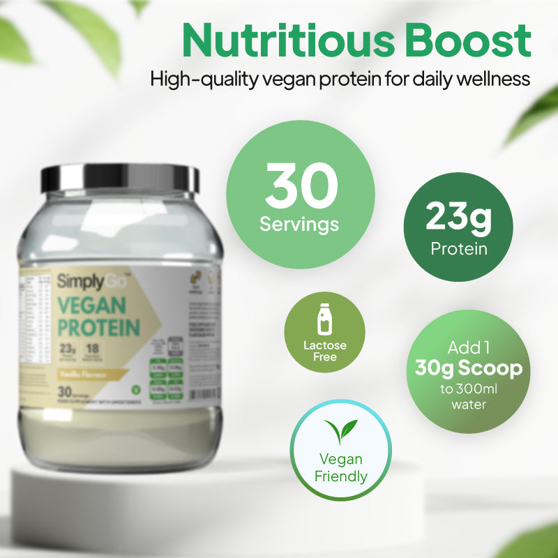 SimplyGo Vegan Protein with dosage- 30 servings. 23g of protein. Add 1 scoop to 300ml of water
