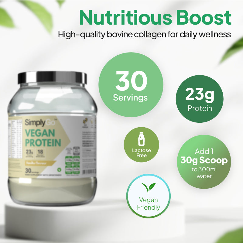 SimplyGo Vegan Protein with dosage- 30 servings. 23g of protein. Add 1 scoop to 300ml of water