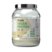 Glass jar of Simply Go Vegan Protein with a white background