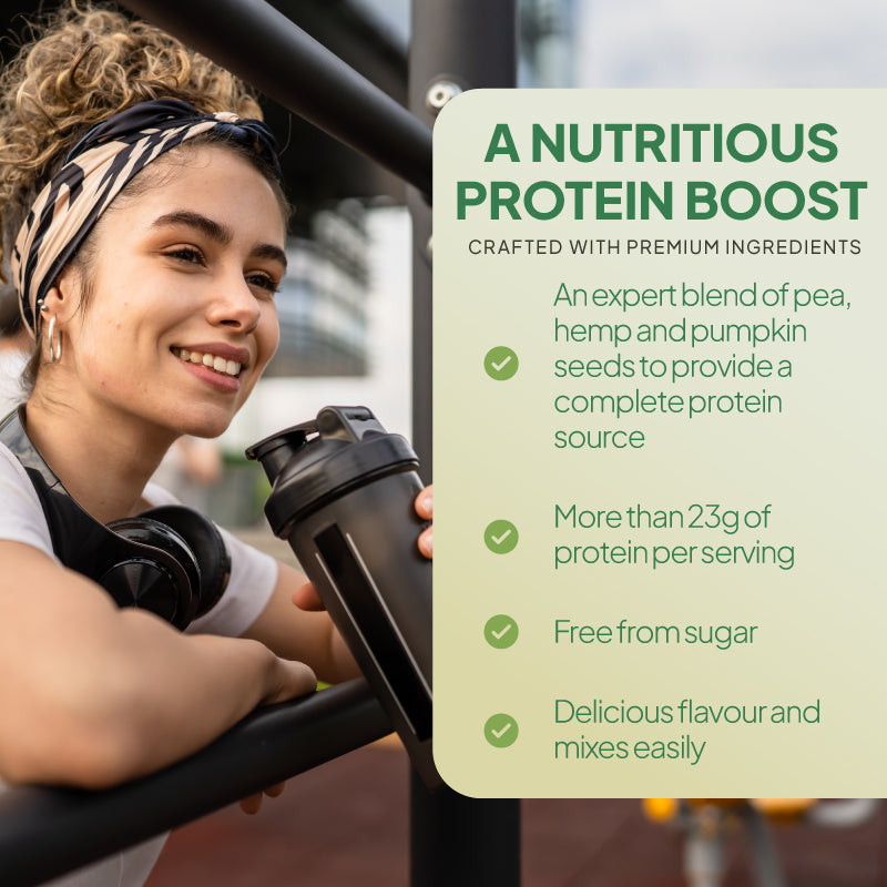 SimplyGo's Vegan Protein Powder is a nutritious protein boost, free from sugar. A delicious blend of pea, hemp and pumpkin seeds to provide a complete protein source