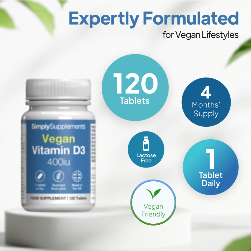 Product infographic for Simply Supplements Vegan Vitamin D3 400iu showing 120 tablets, a 4 months’ supply, lactose free, vegan friendly, and a suggested intake of 1 tablet daily.