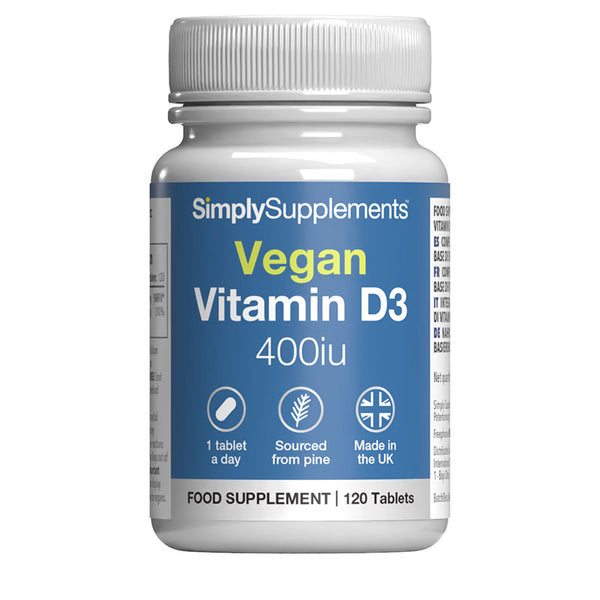 Bottle of SimplySupplements Vegan Vitamin D3 400iu on a white background
