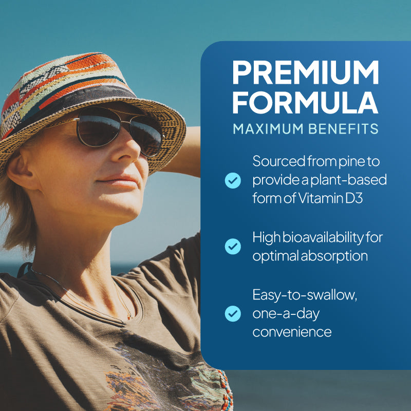 Lifestyle promotional graphic for Simply Supplements Vegan Vitamin D3 400iu showing a person in sunglasses and a sun hat outdoors, with text highlighting a plant-based vitamin D3 sourced from pine, high bioavailability, and easy one-a-day convenience.