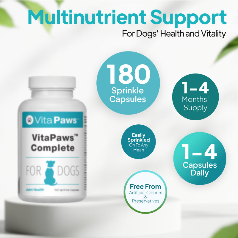 Dog multinutrient supplement with 180 sprinkle capsules, up to 4 months’ supply, easy to sprinkle onto food and free from artificial colours and preservatives