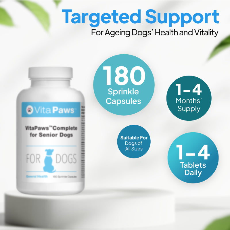 Senior dog supplement with 180 sprinkle capsules, up to 4 months’ supply, suitable for all sizes.