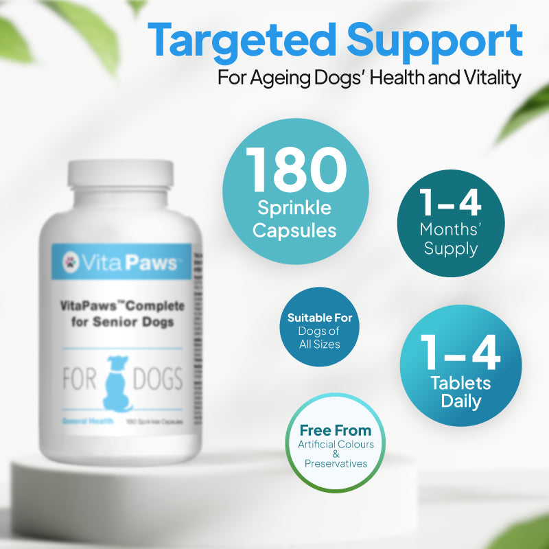 Senior dog supplement with 180 sprinkle capsules, up to 4 months’ supply, suitable for all sizes and free from artificial colours and preservatives
