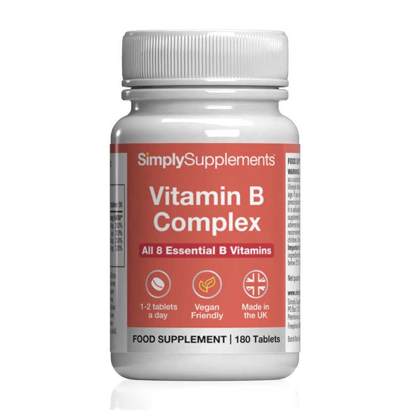 Bottle of SimplySupplements Vitamin B Complex on a white background