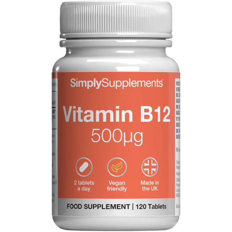 Vitamin B12 supplement bottle with orange label on a white background