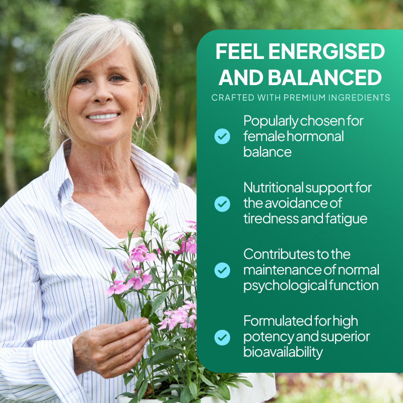 Woman holding flowers with promotional text about product benefits on a green background highlighting B6 is popularly chosen for female hormone balance