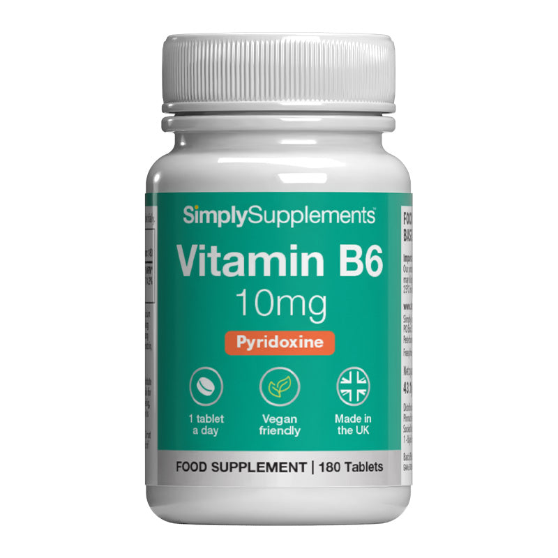 Bottle of SimplySupplements Vitamin B6 10mg on a white background
