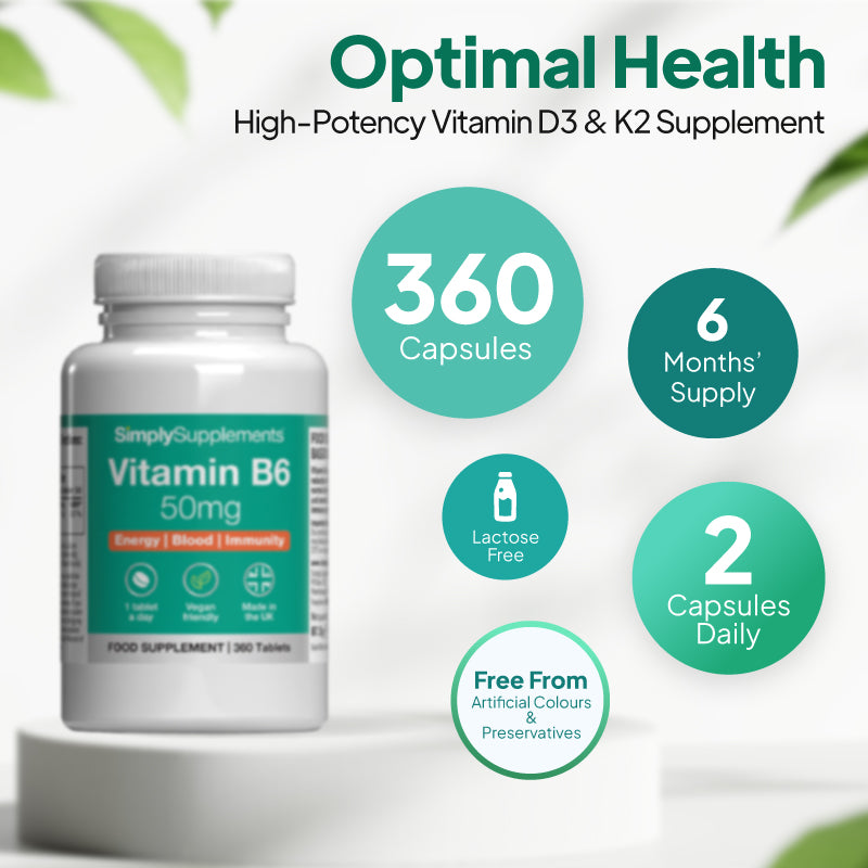 Vitamin B6 supplement bottle with health benefits displayed on a white background. 1 year supply. vegan free