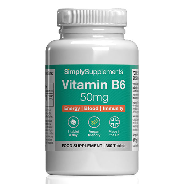 Bottle of SimplySupplements Vitamin B6 100mg on a white background