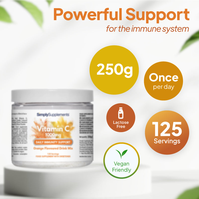Product infographic for Simply Supplements Vitamin C 1000mg Daily Immunity Support Orange Flavoured Drink Mix, showing the tub beside a circular layout with mixed fruit, with text stating the sugar-free, naturally flavoured powder mixes easily into hot or cold water, and highlighting 125 servings, over 4 months’ supply, once a day use, suitability for vegetarians, and lactose free.
