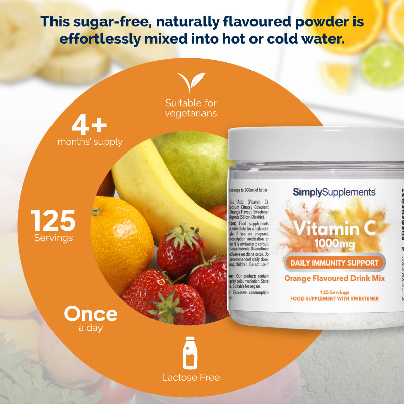 Product infographic for Simply Supplements Vitamin C 1000mg Daily Immunity Support Orange Flavoured Drink Mix, showing the tub beside a circular layout with mixed fruit, with text stating the sugar-free, naturally flavoured powder mixes easily into hot or cold water, and highlighting 125 servings, over 4 months’ supply, once a day use, suitability for vegetarians, and lactose free.