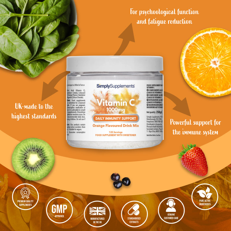 Promotional product graphic for Simply Supplements Vitamin C 1000mg Orange Flavoured Drink Mix, showing the tub centered on an orange background with spinach, orange, kiwi, strawberry and berries, plus arrows and text stating it supports psychological function and fatigue reduction, offers powerful support for the immune system, and is UK made to the highest standards, with quality and GMP-style badge icons along the bottom.