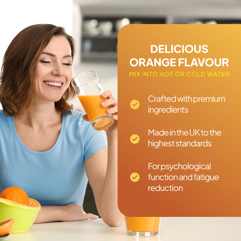 Promotional product graphic for Simply Supplements Vitamin C 1000mg Orange Flavoured Drink Mix, showing a lady drinking with text by the side highlighting the product is crafted with premium ingredients, made in the UK to the highest standards and id got psychological function and fatigue reduction.