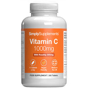 Supplement bottle labeled 'Simply Supplements Vitamin C 1000mg with Rosehip 800mg' on a white 