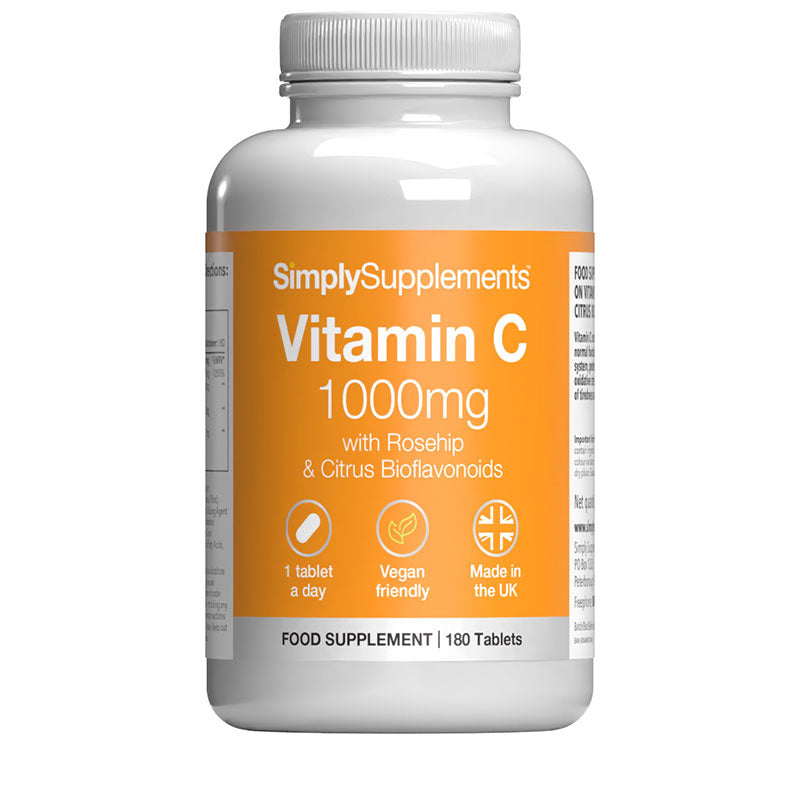 SimplySupplements Vitamin C 1000mg food supplement with rosehip and citrus bioflavonoids, 180 tablets, vegan friendly, one tablet a day, made in the UK