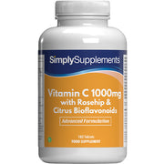 SimplySupplements Vitamin C 1000mg food supplement with rosehip and citrus bioflavonoids, 180 tablets, vegan friendly, one tablet a day, made in the UK