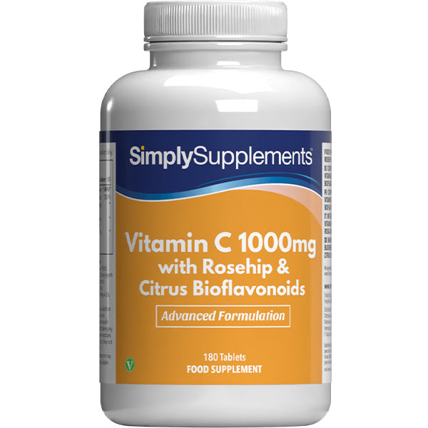 SimplySupplements Vitamin C 1000mg food supplement with rosehip and citrus bioflavonoids, 180 tablets, vegan friendly, one tablet a day, made in the UK