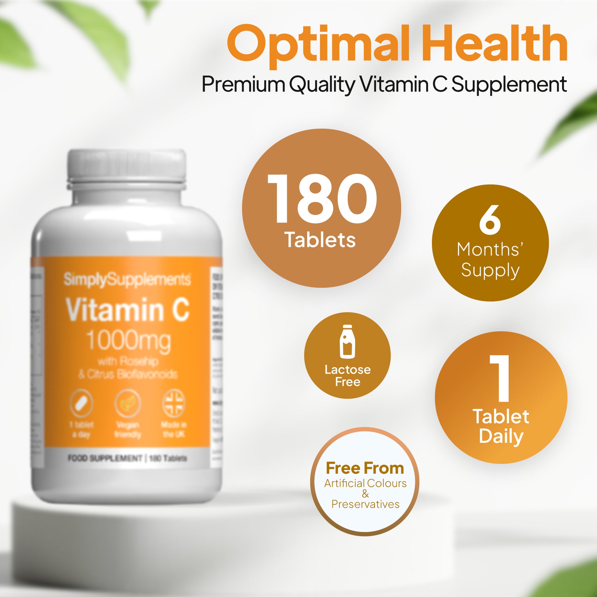 Vitamin C 1000mg supplement bottle image with 180 tablets, 6 months supply, lactose free, one tablet daily, and free from artificial colours and preservatives