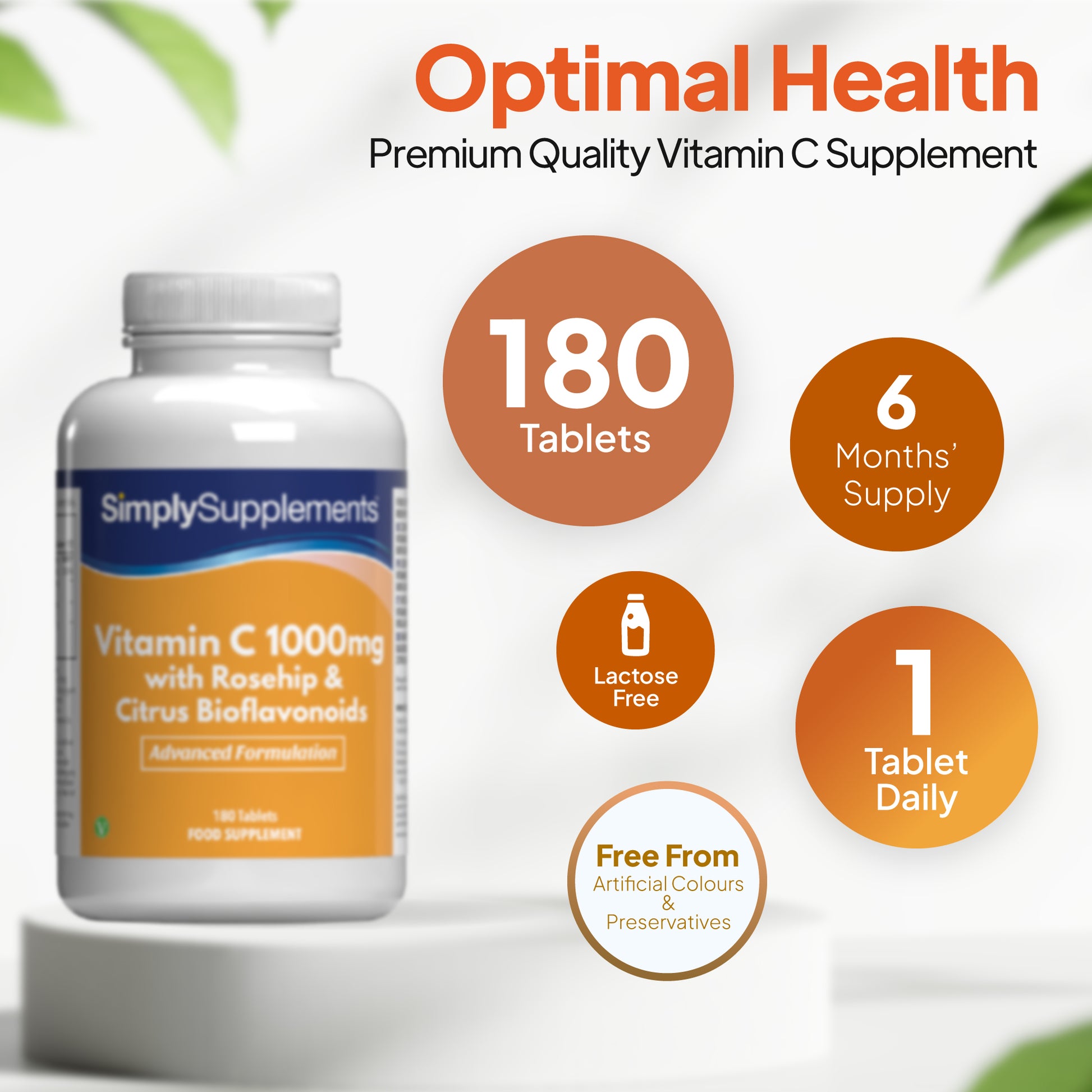 Vitamin C 1000mg supplement bottle image with 180 tablets, 6 months supply, lactose free, one tablet daily, and free from artificial colours and preservatives