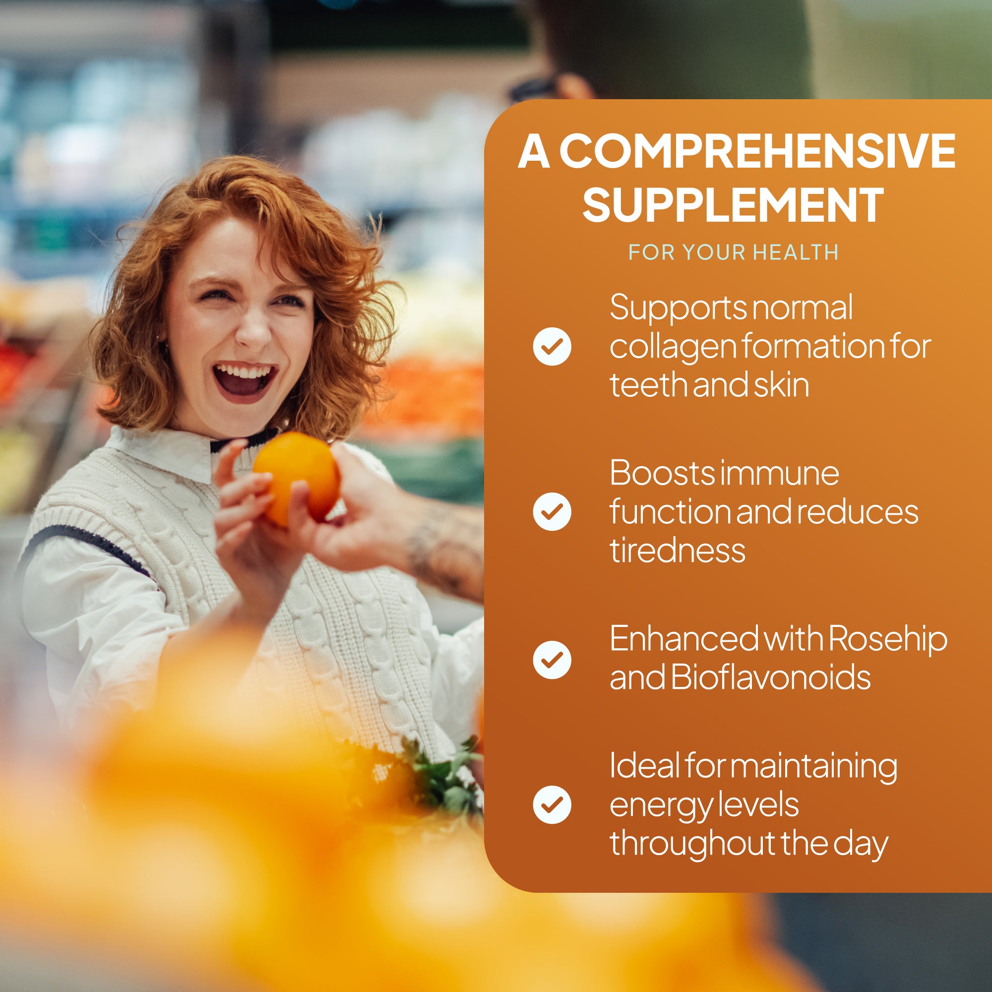 Vitamin C supplement lifestyle benefits image showing a smiling woman holding an orange alongside claims about collagen formation, immune support, reduced tiredness, rosehip, bioflavonoids, and all-day energy support