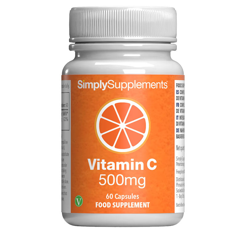 Vitamin C supplement bottle with orange label on a white background