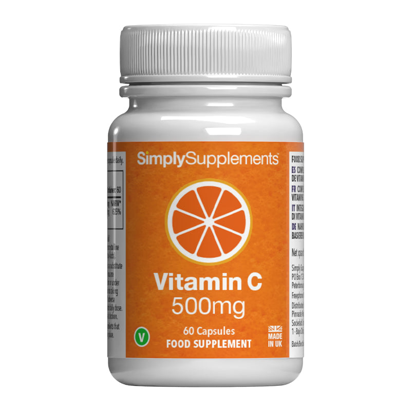 Vitamin C supplement bottle with orange label on a white background