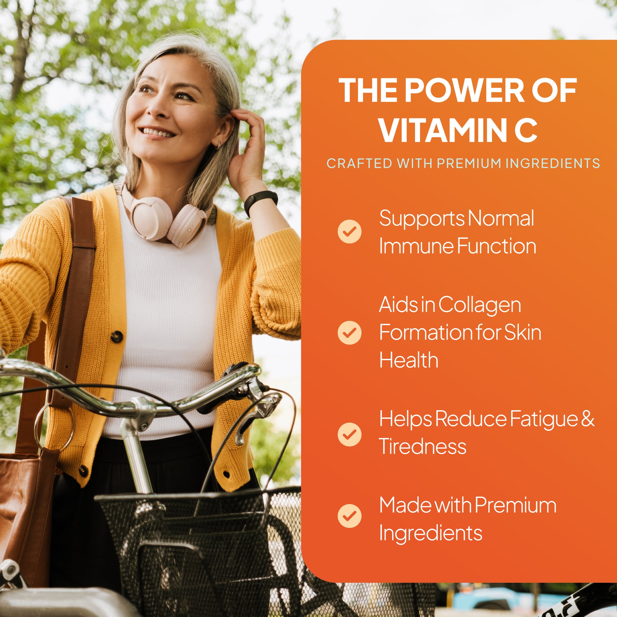 The Power of vitamin C- supports normal immune function, aids collagen formation for skin health, helps reduce fatigue and tiredness.