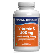 Supplement bottle labeled 'Simply Supplements Vitamin C 500mg with Rosehip 400mg' on a white background