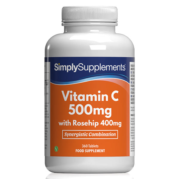 Supplement bottle labeled 'Simply Supplements Vitamin C 500mg with Rosehip 400mg' on a white background