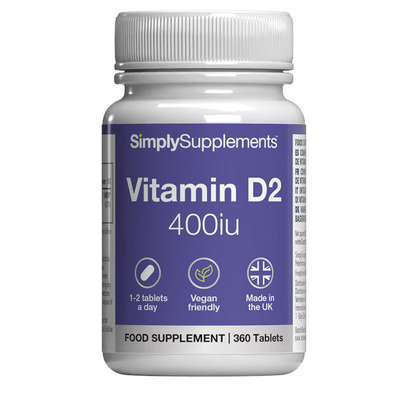 SimplySupplements Vitamin D2 400iu supplement bottle on a white background