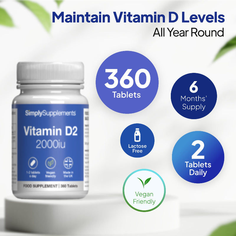 Vitamin D2 supplement bottle with dosage- 6 months supply (2 tablets daily). Lactose Free. Vegan Friendly