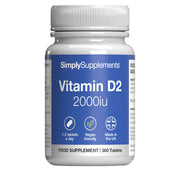 Supplement bottle labeled 'SimplySupplements Vitamin D2 2000iu' on a white background