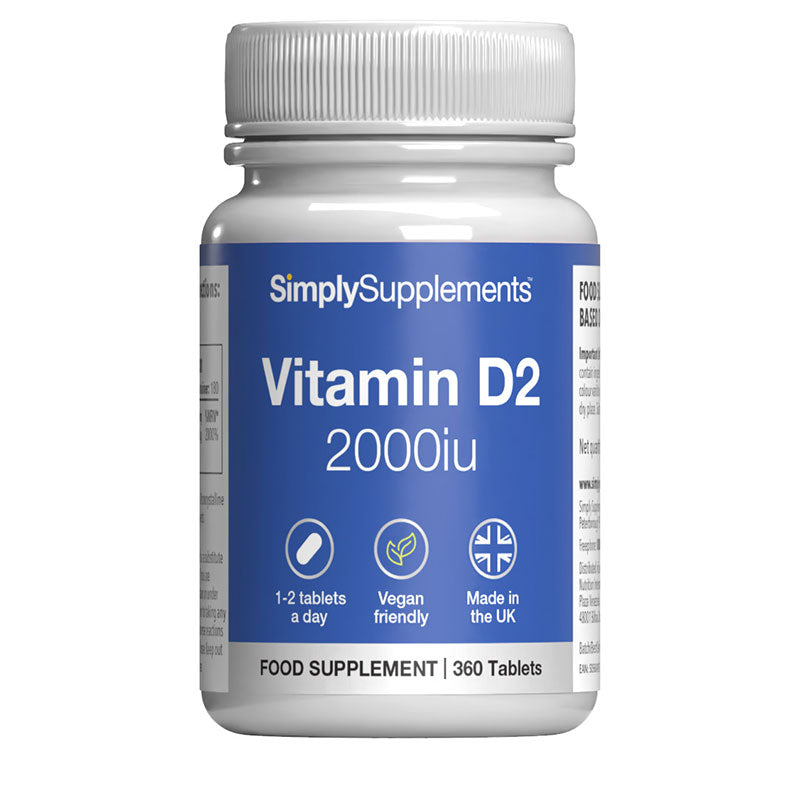 Supplement bottle labeled 'SimplySupplements Vitamin D2 2000iu' on a white background