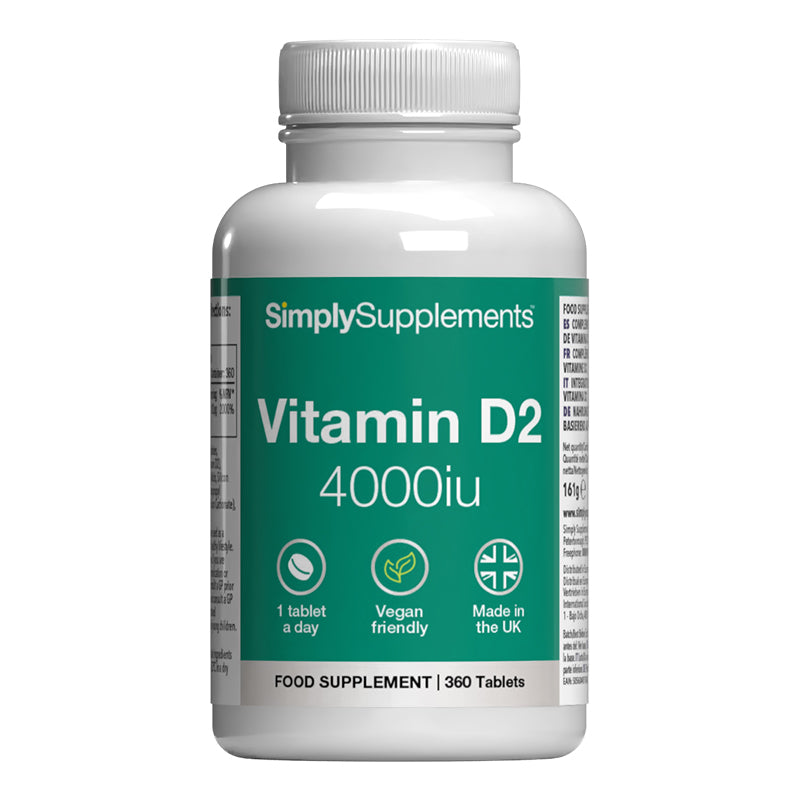 Bottle of SimplySupplements Vitamin D2 4000iu on a white background