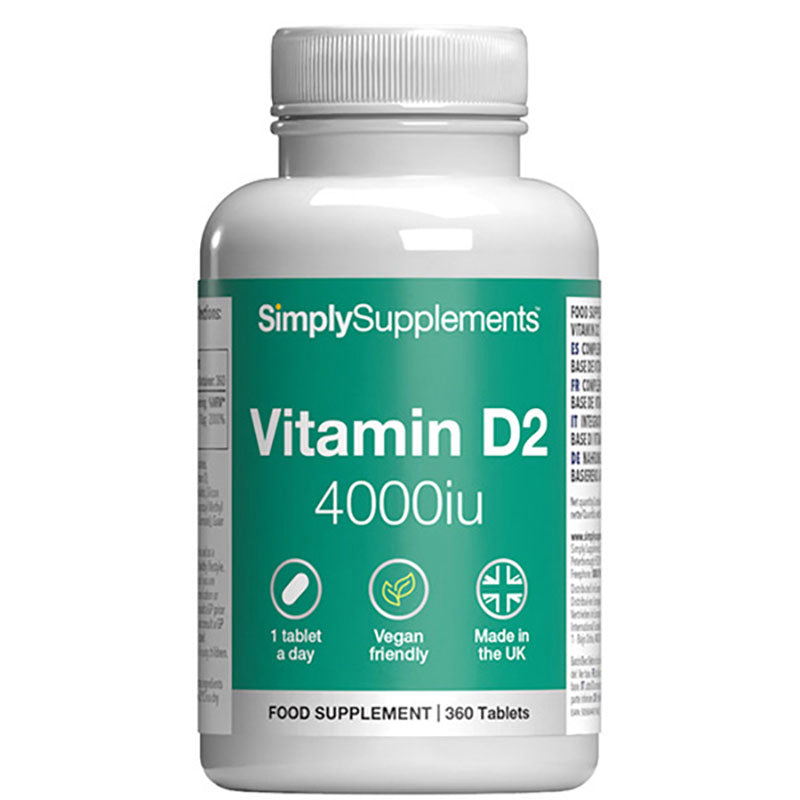 Bottle of SimplySupplements Vitamin D2 4000iu on a white background