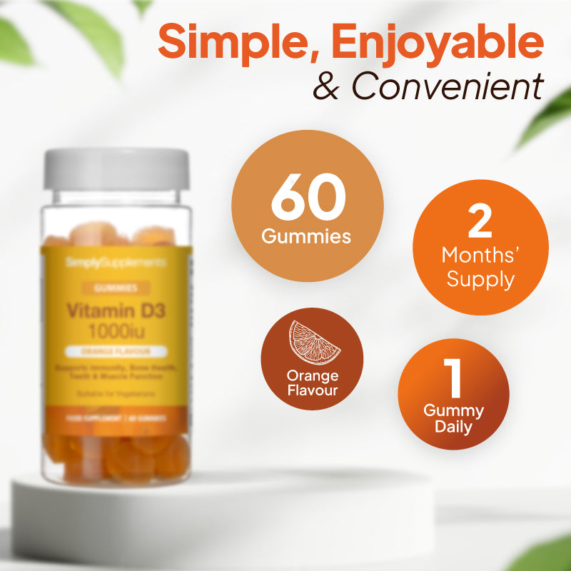 Vitamin D3 1000iu gummies bottle image with 60 gummies, 2 months supply, orange flavour, 1 gummy daily.