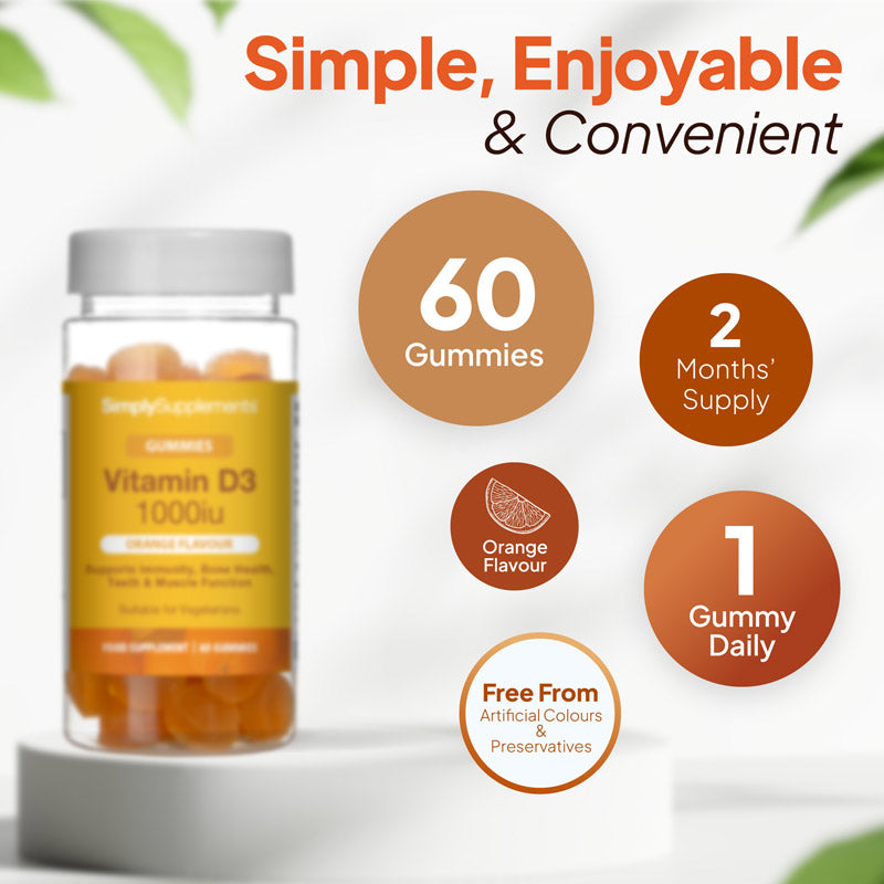 Vitamin D3 1000iu gummies bottle image with 60 gummies, 2 months supply, orange flavour, 1 gummy daily, and free from artificial colours and preservatives