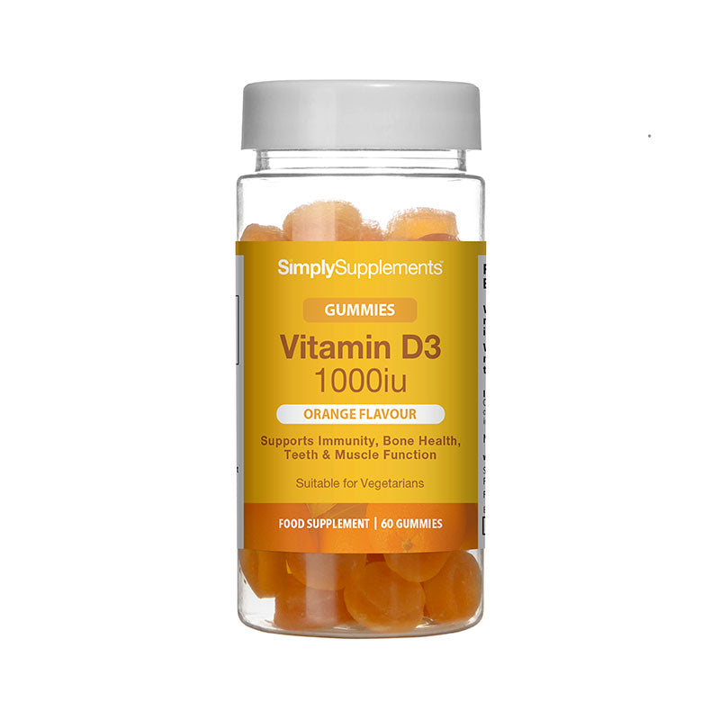SimplySupplements Vitamin D3 1000iu gummies food supplement with orange flavour, supporting immunity, bone health, teeth and muscle function, suitable for vegetarians, and 60 gummies